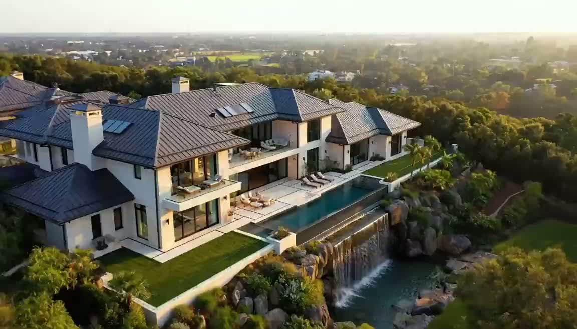 Mansão de luxo com cascata ao pôr do sol